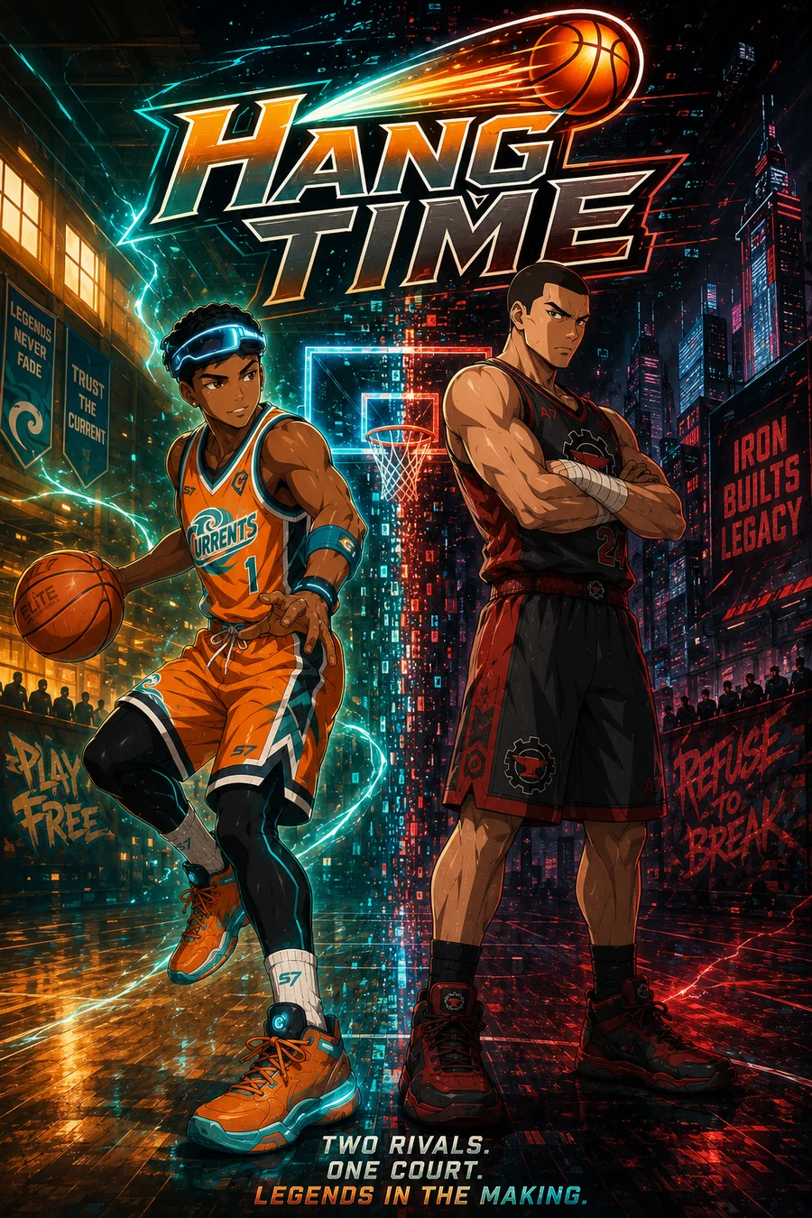 Hang Time — official poster: two rivals on an electric night court
