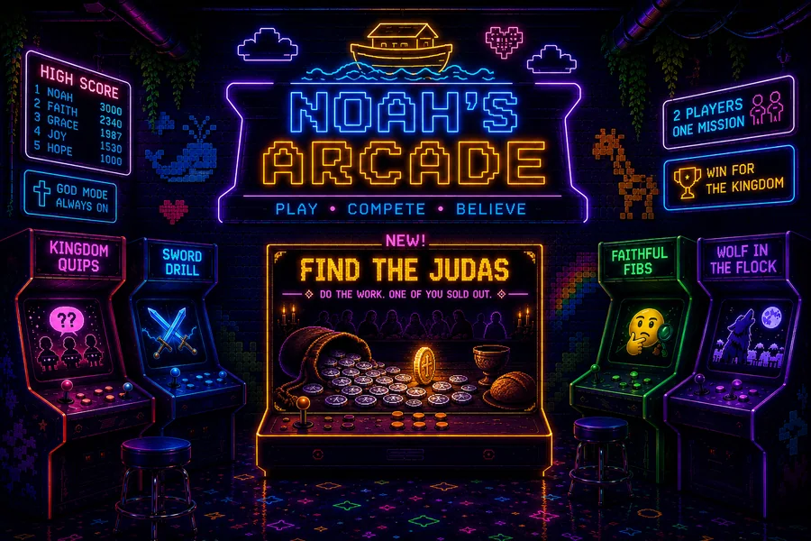 Noah's Arcade — neon arcade room with original game cabinets