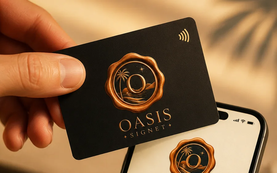 Oasis Signet — NFC business card and hosted card page on a phone